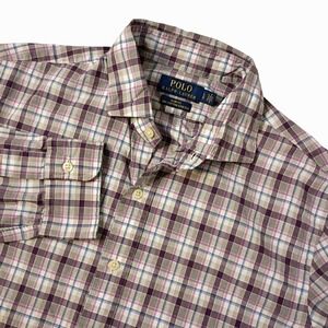 Polo‎ Ralph Lauren Shirt Mens Large Slim Fit Purple Gray Plaid Cotton Stretch LS